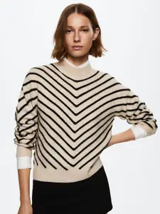 MANGO Women Beige & Black Striped Knitted Pullover