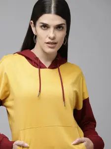 Van Heusen Women Yellow And Maroon Colourblocked Hooded Sweatshirt