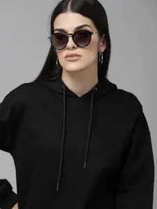 Van Heusen Women Black Solid Pure Cotton Hooded Pullover Sweatshirt
