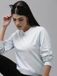Van Heusen Women Grey Solid Round-Neck Pure Cotton Pullover Sweatshirt