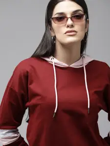 Van Heusen Women Maroon Solid Hooded Pure Cotton Sweatshirt