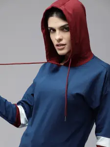 Van Heusen Women Navy Blue Solid Hooded Pure Cotton Sweatshirt