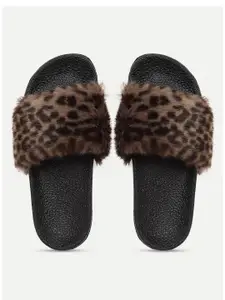 FREECO Women Brown & Black Embellished Sliders