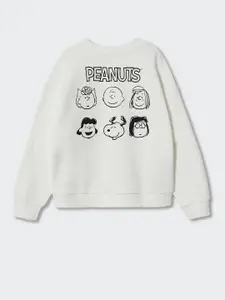 Mango Kids Girls White & Black Peanuts Print Sustainable Sweatshirt