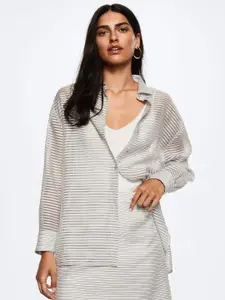 MANGO Women Grey Horizontal Striped Sheer Oversized Casual Shirt