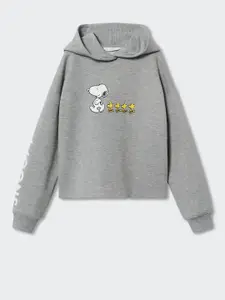 Mango Kids Girls Grey Melange & White Peanuts Printed Sustainable Hooded Sweatshirt