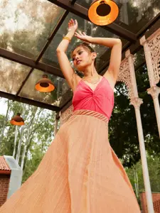 MANGO Women Orange Accordion Pleated Flared Maxi Skirt