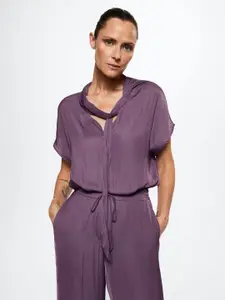 MANGO Purple Solid Tie-Up Neck Extended Sleeves Sustainable Satin Top