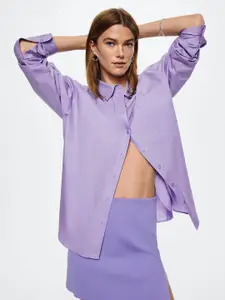 MANGO Women Lavender Solid Cotton Oversized Casual Shirt