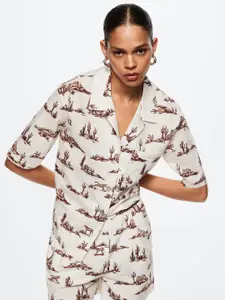 MANGO Women Off White & Coffee Brown Floral Printed Cotton Casual Shirt