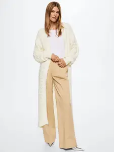 MANGO Women White Ethnic Woven Design Longline Front Open Sweater