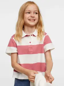 Mango Kids Girls Off White & Pink Pure Cotton Striped Polo Collar Sustainable T-shirt