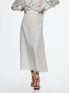 MANGO Women White & Black Striped Midi A-Line Skirt