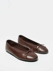 MANGO Women Coffee Brown Solid Sustainable Ballerinas with Bows Flats