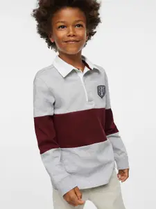 Mango Kids Boys Grey & Maroon Striped Polo Collar Sustainable T-shirt