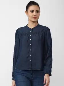 Van Heusen Woman Navy Blue Mandarin Collar Denim Shirt Style Top