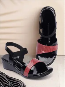 FASHIMO Women Peach-Coloured & Black Wedge  Open Toe Heels