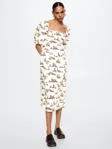 MANGO White & Brown Printed Pure Cotton A-Line Midi Dress