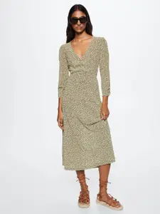 MANGO Olive Green & Beige A-Line Midi Dress