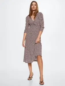 MANGO Burgundy & Cream-Coloured Abstract Printed Sustainable A-Line Midi Dress