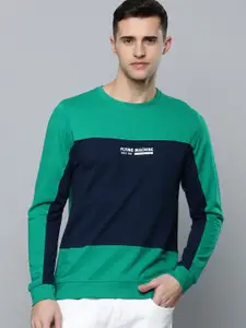 Flying Machine Men Green & Navy Blue Colourblocked Pure Cotton Pullover Sweatshirt