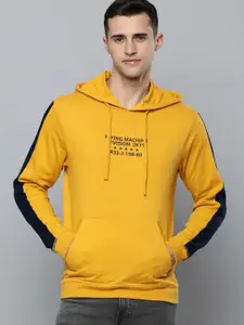Flying Machine Men Mustard Yellow Brand Logo Printed Pure Cotton Hooded Sweatshirt