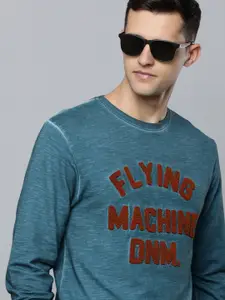 Flying Machine Men Teal Blue Brand Logo Self Design Pure Cotton Sweatshirt