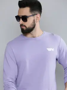 Flying Machine Men Lavender Solid Round Neck Pure Cotton Sweatshirt with Brand Logo Detail
