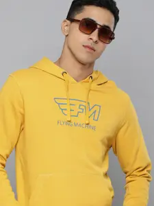 Flying Machine Men Yellow Printed Hooded Pure Cotton Sweatshirt