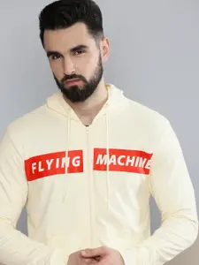 Flying Machine Men Off White Pure Cotton Brand Logo Printed Hooded Sweatshirt