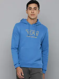 Flying Machine Men Blue Brand Logo Print Hooded Pure Cotton Sweatshirt