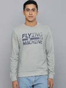 Flying Machine Men Grey Melange Brand Logo Print Sweatshirt