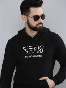 Flying Machine Men Black Pure Cotton Brand Logo Printed Hooded Sweatshirt