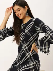 SHOWOFF Women Navy Blue & Grey Checked Bell Sleeves Asymmetric Kurta