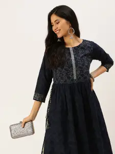 SHOWOFF Women Navy Blue Floral Embroidered Tiering Kurta