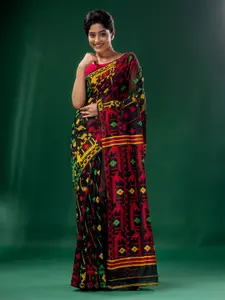 Charukriti Black & Red Zari Silk Cotton Jamdani Saree