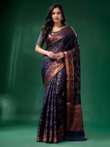 Charukriti Blue & Gold-Toned Ethnic Motifs Zari Silk Cotton Saree