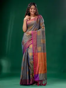 Charukriti Women Blue & Purple Woven Design Zari Pure Silk Tussar Saree