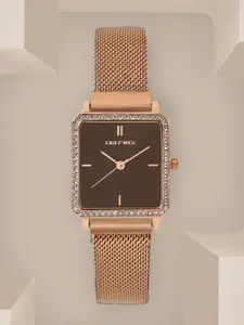 JOKER & WITCH Women Brown Embellished Dial & Rose Gold Toned Bracelet Style Straps Analogue Watch