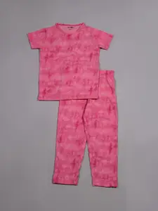 Taatoom Girls Pink Dyed Printed Night suit