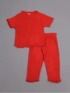 Taatoom Girls Red Ribbed Self Design Night suit with Raw Edges