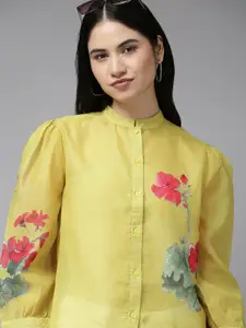 Bhama Couture Women Mustard Yellow & Red Floral Print Shirt Style Top