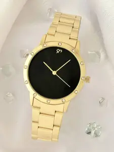 JOKER & WITCH Women Black Embellished Dial & Gold Toned Stainless Steel Straps Analogue Watch