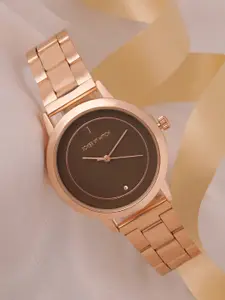 JOKER & WITCH Women Brown Embellished Dial & Rose Gold Toned Analogue Watch