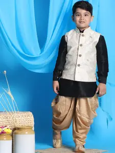 VASTRAMAY Boys Black Thread Work Kurti Dhoti Pants With Embroidered Nehru Jacket