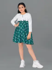 FASHION DREAM Girls Green & White Knee Length Dress