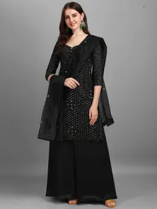 Ethnic Yard Women Black & Gold-Toned Embroidered Semi-Stitched Dress Material