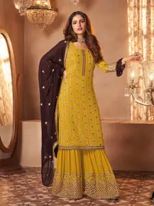 Ethnic Yard Yellow & Gold-Toned Embroidered Semi-Stitched Dress Material