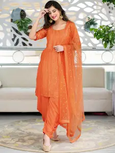 Ethnic Yard Women Orange & Gold-Toned Sequinned Semi-Stitched Dress Material