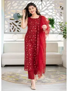 Ethnic Yard Women Red & Gold-Toned Embroidered Semi-Stitched Dress Material